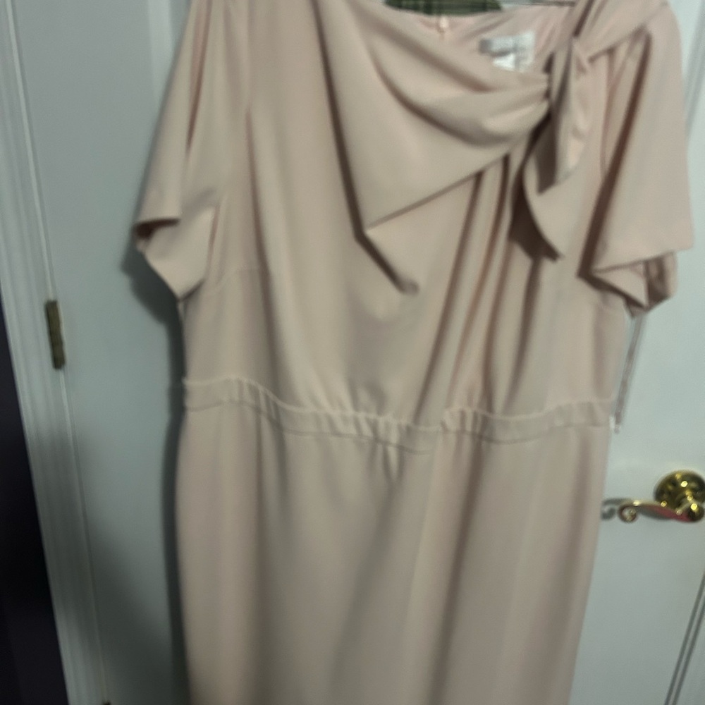 London Times Tan Sheath Dress with Cowl Neck and Short Sleeves